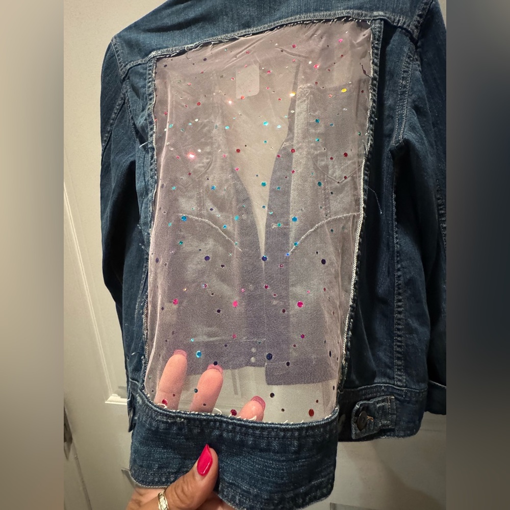 Women’s Boutique unique Dark Blue Denim Jacket with Sheer Polka-Dot Yoke - Picture 7 of 7